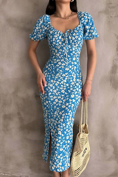 MILANOFOX Daisy Patterned Slit Watermelon Sleeve Ruffled Summer Dress