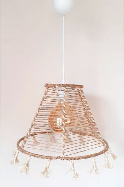 C&A&B KUZEY AVİZE Ecru Wicker Rope Wrapped Fringed Design Pendant Chandelier