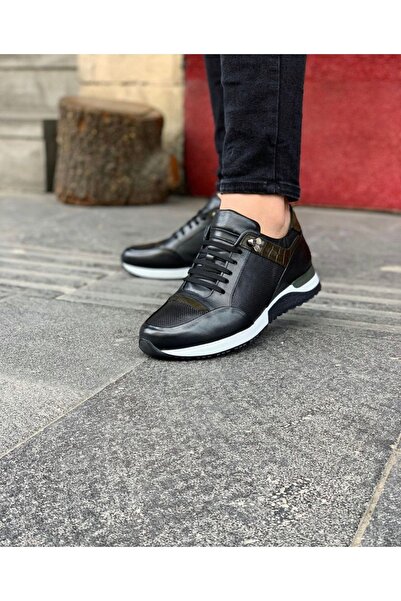 Parlak Siyah Erkek Hakiki Deri Sneakers