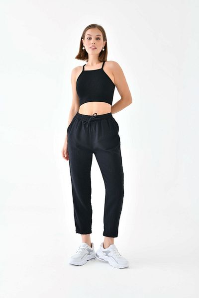 enmodaiçgiyim Pantaloni de damă din țesătură muselină neagră 100% bumbac – pantaloni casual cu picioare înguste, buzunare, model confortabil
