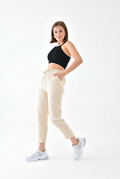 enmodaiçgiyim Κρεμ 100% βαμβακερό στενό γυναικείο παντελόνι μουσελίνας