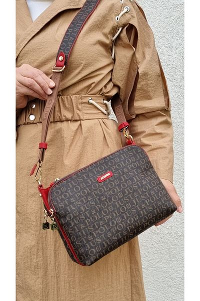 Just Polo Women's Coffee Red 5 Compartment Adjustable Long Strap Shoulder Bag Messenger Bag Crossbody Bag