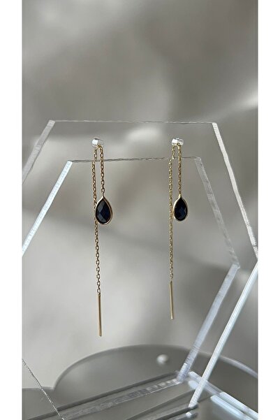 Goldstation 14 Ayar Altın Küpe Damla Taşlı (SİYAH)