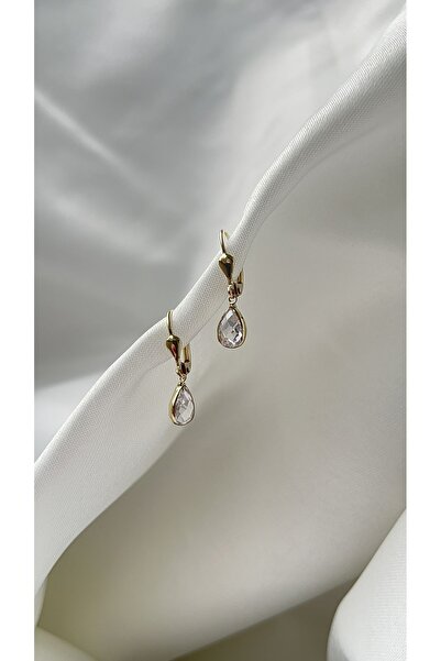 Goldstation 14 Ayar Altın Küpe Zirkon Damla Taşlı(BEYAZ)