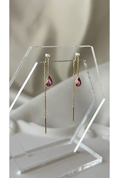 Goldstation 14 Ayar Altın Küpe Damla Taşlı (PEMBE)