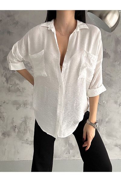 NEW JOURNAL Cămașă albă oversize cu mânecă slabă pentru femei Tll33507
