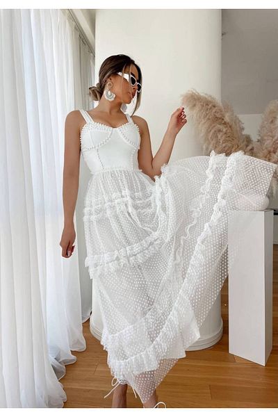 1Moda1Tarz Γυναικείο φόρεμα με επένδυση από λευκό ύφασμα εισαγωγής - στήθος και μαργαριτάρι κεντημένο πουά