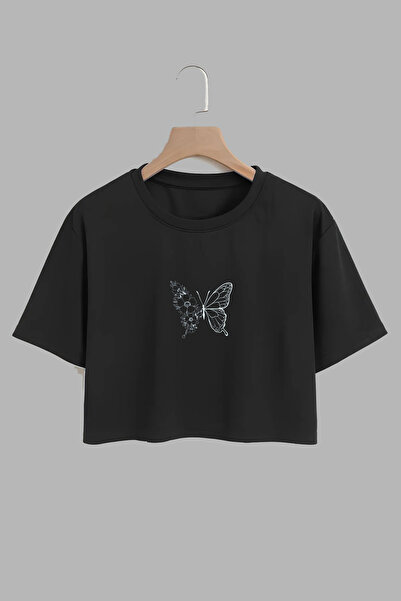 THEWERT قطن أسود - توب قصير مطبوع عليه فراشة زهرية للجنسين