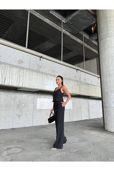 1Moda1Tarz Black Linen Set - Pearl Detailed Blouse and Trousers Set