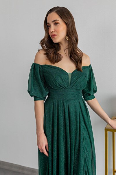 sarebutik Simli Düşük Kol Abiye - Zümrüt yeşili