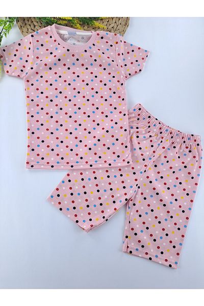 Butik Polka Dot Barbie Printed Pink Gray Summer Shorts Pajamas Set for Girl