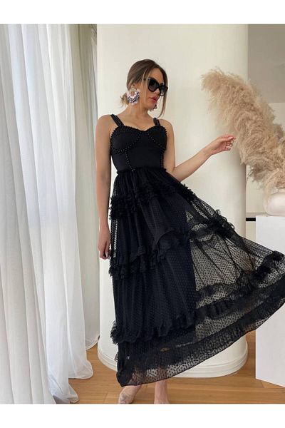 1Moda1Tarz Μαύρο εισαγόμενο ύφασμα - Φόρεμα με φόδρα σε στήθος και σφεντόνα με μαργαριτάρι κεντημένο πουά