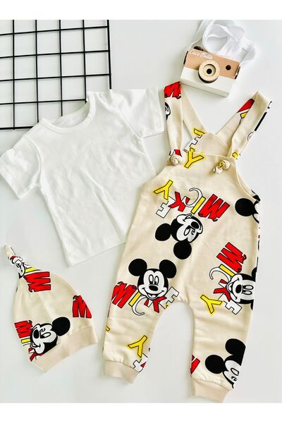 cacobutik bebek mickey baskılı şapkalı yazlık salopet takım