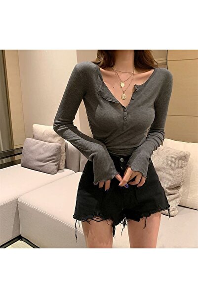 Karakedi Καπνιστό μισό γυναικείο Crop Top - Κολάρο με κουμπιά, μακριά μανίκια