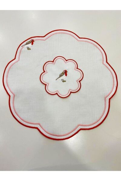 İNCİ ÇEYİZ 4 Pieces First Quality Linen Love Birds Embroidered American Serving Charger and Presentation Napkin