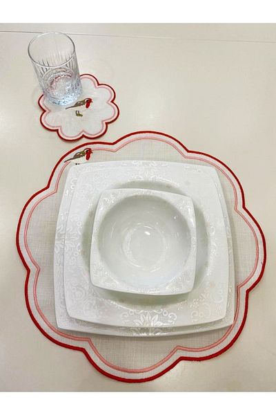 İNCİ ÇEYİZ 4 Pieces First Quality Linen Love Birds Embroidered American Serving Charger and Presentation Napkin
