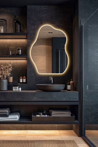 Mirze Life 55x45cm Ledli Dalgalı Banyo Aynası, Modern Tasarım Led Işıklı Bany...