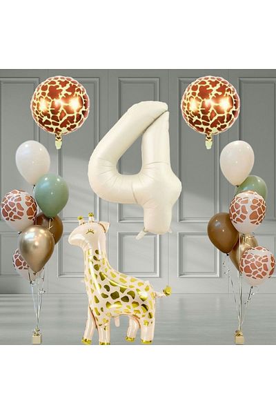 Konsept Sepeti Safari Giraffe Patterned 4 Year Old Birthday Set - Mildew Green, Sea Sand Chrome Gold, Brown Balloon