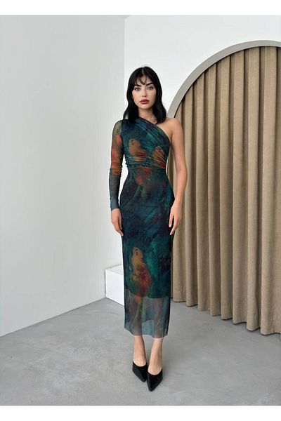 Julishop Julidress Φόρεμα από τούλι μίντι μήκους Premium - Πολύχρωμο, εμπριμέ ντραπέ, μονό μανίκι και φόδρα