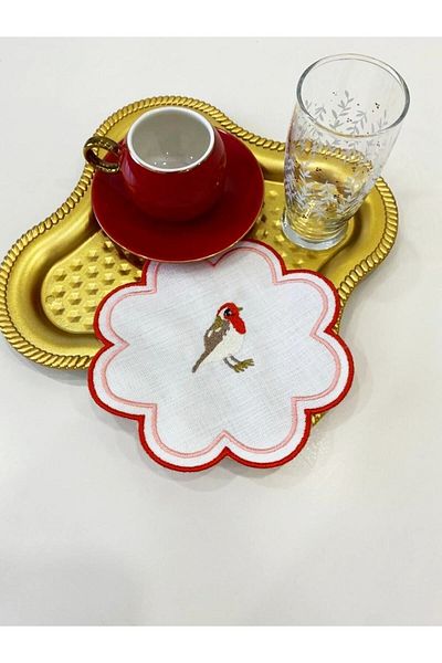 İNCİ ÇEYİZ 6 Pieces Love Birds Embroidered Linen Coffee Side Cocktail Napkin & Coasters