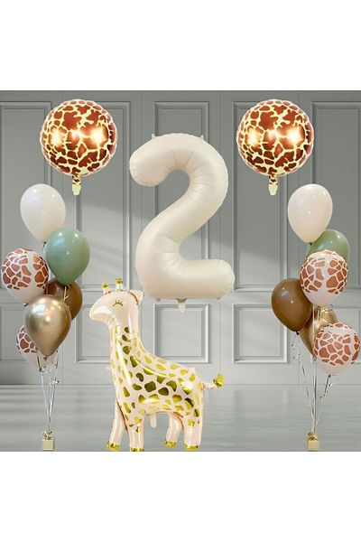 Konsept Sepeti 2 Years Safari Giraffe Patterned - Mildew Green and Chrome Gold Balloon Party Set