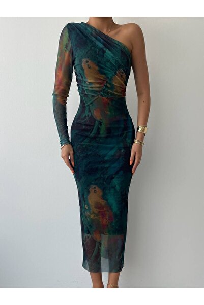 Julishop Φόρεμα με μοτίβο με ένα μανίκι με επένδυση από τούλι μεσαίου μήκους