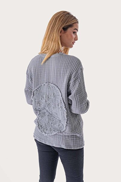 Zeliha Baysan Brode Nakışlı Sırt Detay Unisex Müslin Sweat Gri