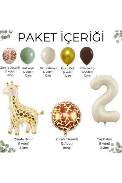 Konsept Sepeti 2 Years Safari Giraffe Patterned - Mildew Green and Chrome Gold Balloon Party Set