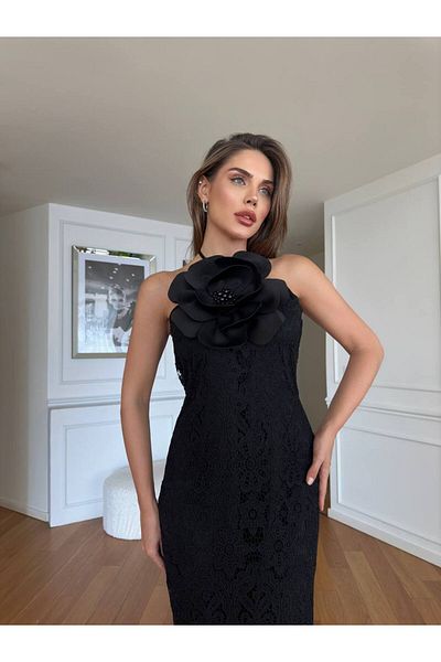 1Moda1Tarz Μαύρη δαντέλα και ύφασμα Guipure - Γυναικείο φόρεμα με λεπτομέρεια τριαντάφυλλου