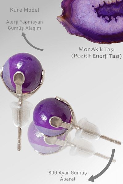 Tesbih Atölyesi Real Purple Agate Stone Spot - Certified Natural Stone Earrings