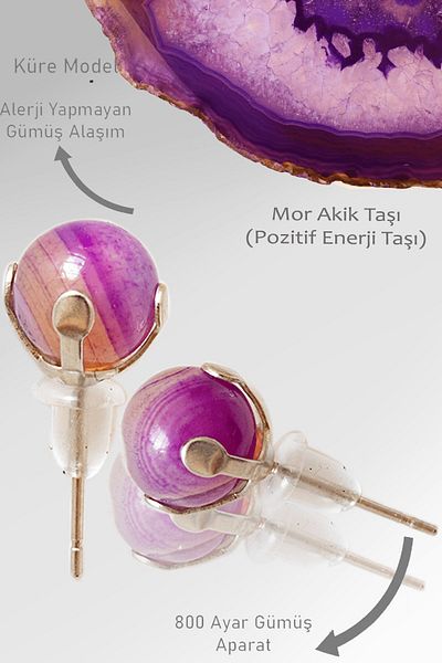 Tesbih Atölyesi Real Transparent - Purple Agate Stone Natural Earrings