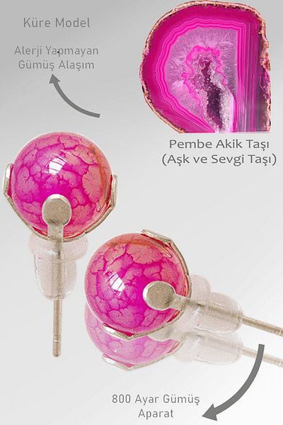 Tesbih Atölyesi Real Pink Agate Stone - Certified Natural Stone Earrings