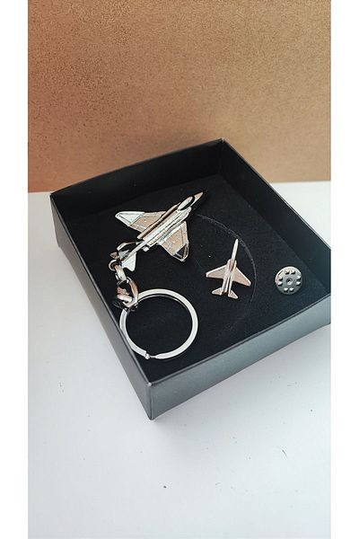cacatasarım Metal Silver Pilot Stewardess - Airplane Collar Badge and Keychain Set with Gift Box