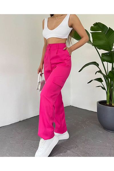 sunfyre Women's Loose Leg High Waist Fabric Pants with Cargo Pockets Pleated