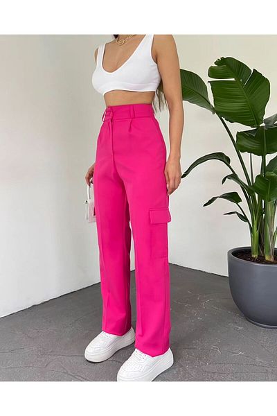 sunfyre Women's Loose Leg High Waist Fabric Pants with Cargo Pockets Pleated