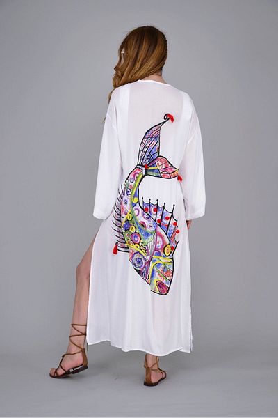 Rabiossa WOMEN'S BOHEM ETHNIC FISH PATTERN LONG KIMONO