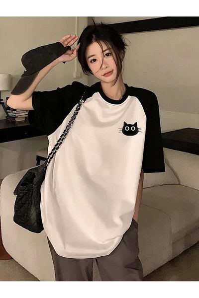 Touz Moda Μπλουζάκι Y2k Cute Cat με μοτίβο λευκό Oversize Raglan μανίκι