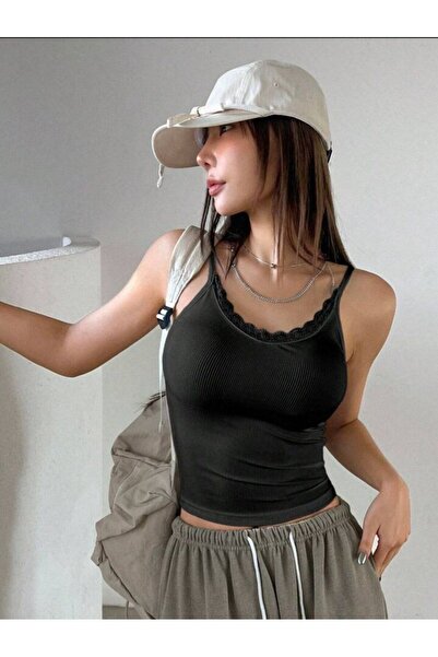 LEMAR MODA Kadın Siyah Dantelli Kaşkorse Ip Askılı V Yaka Esnekli Atlet Crop ...