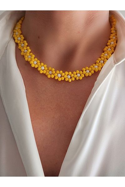 Eva Takı 4mm Crystal Yellow Beaded Daisy Model Necklace and Bracelet Set - Handmade