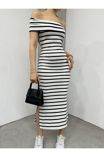 Fav Style Λευκό ριγέ μίντι φόρεμα με λαιμόκοψη και διπλό σκίσιμο