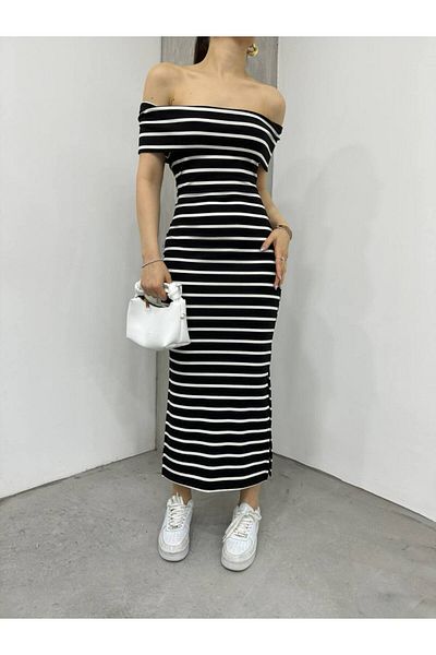Fav Style Rochie midi cu dungi negre - decolteu barcă și fante duble