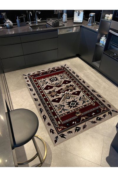 Rugs Modern Halı Seria de design antic în nuanțe de visiniu și bej, cu covrig...
