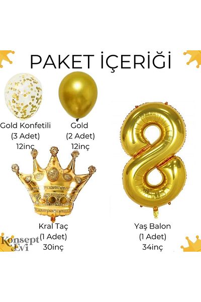 Konsept Sepeti Γενέθλια 8 ετών - Σετ πάρτι με μπαλόνι με χρυσό κονφέτι με κορώνα βασιλιά