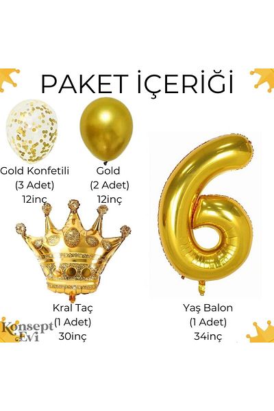 Konsept Sepeti Σετ πάρτι με μπαλόνι με χρυσό κονφέτι King Crown Foil για γενέθλια 6 ετών