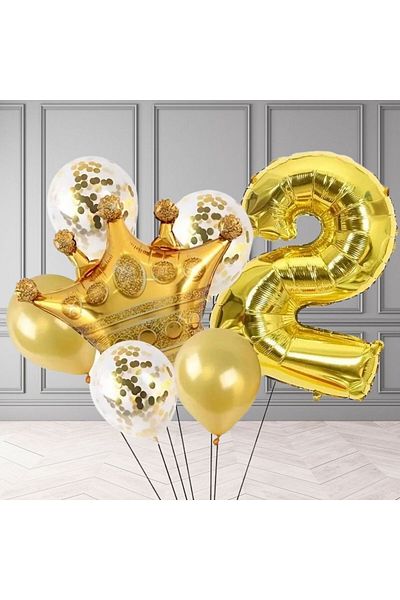 Konsept Sepeti 2 Year Old Birthday - King Crowned Gold Confetti Foil Balloon Figure Party Set