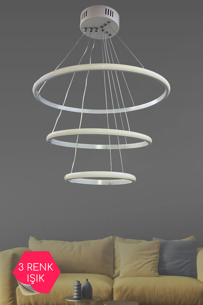 asva aydınlatma Beyaz 3 Çember Sarkıt Modern 3 Renk Işık Ledli Avize