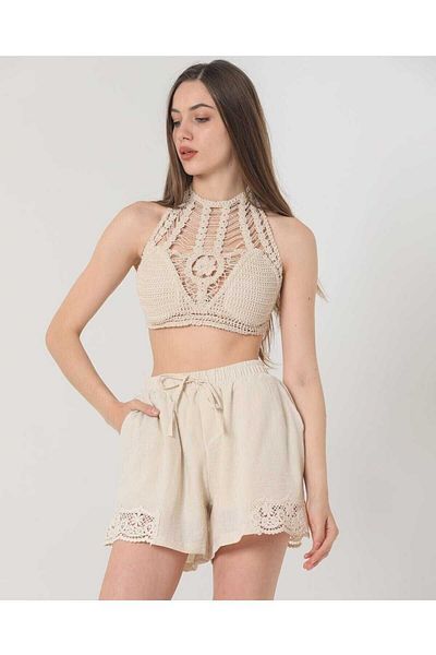 pier moda Κοντό σορτς με δαντέλα Κεντημένο Μπεζ Χρώμα 100% Λινό