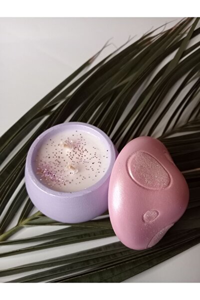 NVOs Candle El Yapımı Kapaklı Mantar Beton Kap Soya Bazlı Mum, Pembe&mor Sede...