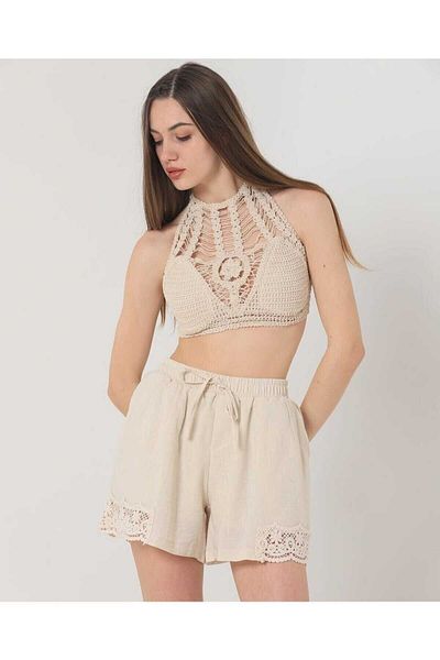 pier moda Κοντό σορτς με δαντέλα Κεντημένο Μπεζ Χρώμα 100% Λινό