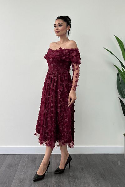 giyimmasalı Μίντι Φόρεμα Boat Neck - Τρισδιάστατο Floral Ύφασμα, Claret Red